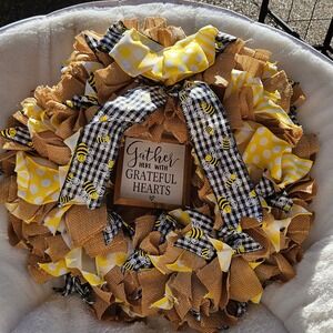 Gather Here With‎ Grateful Hearts Bee Wreath Yellow Black Buffalo Check Burlap